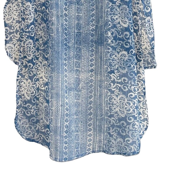 Knox Rose Boho Sheer Tunic Top Size M Popover Long Line High Low Hem Blue Cream - Picture 12 of 13